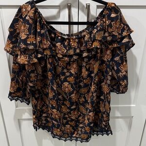 Knox Rose Navy and Brown Floral Blouse